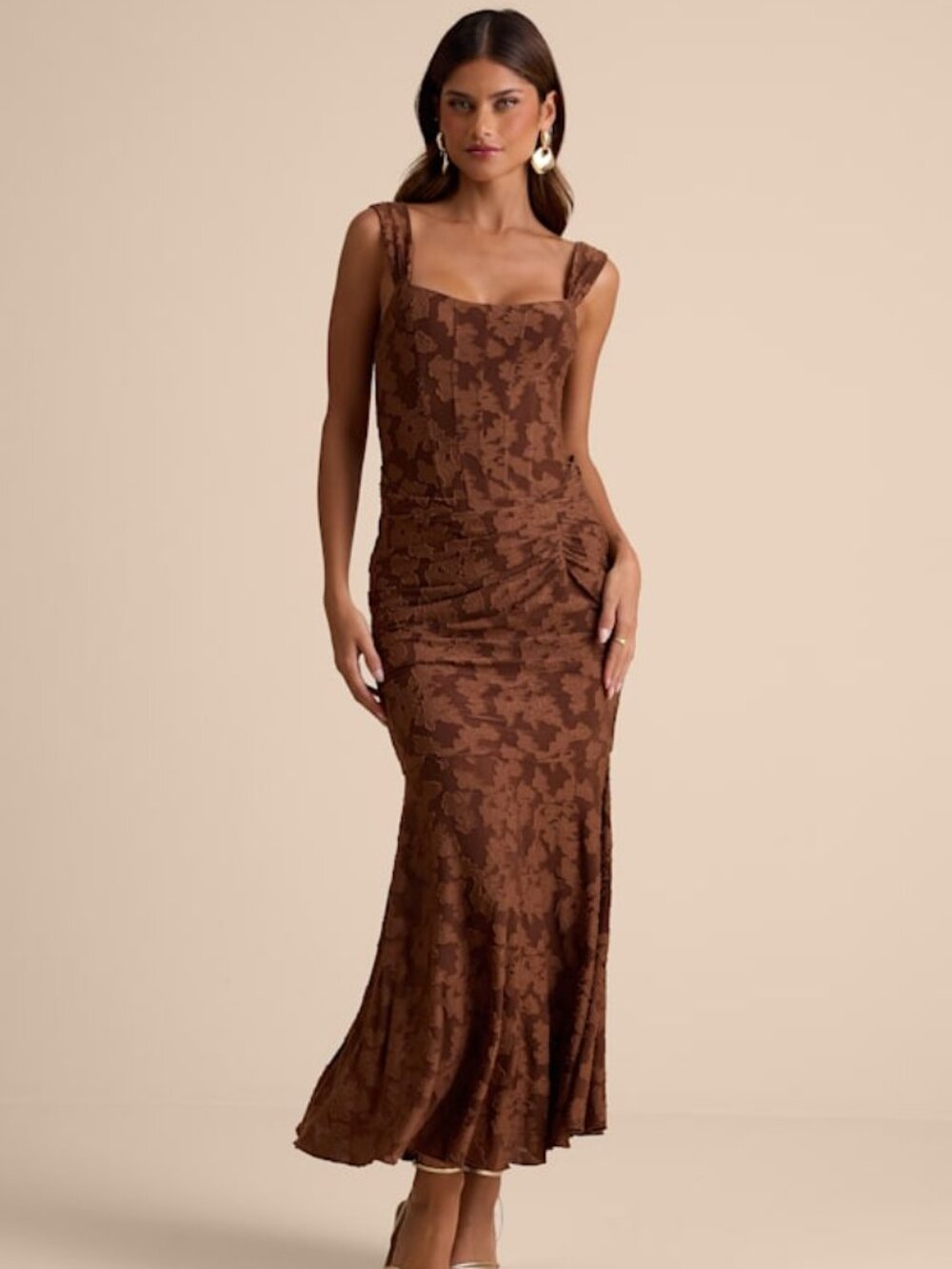 Lulus Celeste Brown Floral Burnout Bustier Maxi Dress - Size S